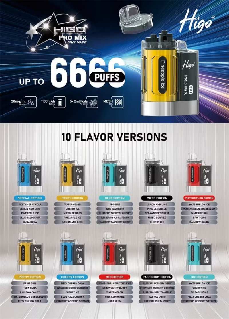 Wholesale-E-Cigarette-Higo-PRO-Mix-6666-Puffs-5-in-1-Flavors-5-Vape-Pods-Mesh-Coil-Pocket-Hookah-Higo-20K-30K-20000-30000-Puff-LED-Display-Screen-Free-Vape-PenHigo Pro Mix 6666 Wholesale-E-Cigarette-Higo-PRO-Mix-6666-Puffs-5-in-1-Flavors-5-Vape-Pods-Mesh-Coil-Pocket-Hookah-Higo-20K-30K-20000-30000-Puff-LED-Display-Screen-Free-Vape-PenHigo Pro Mix 6666